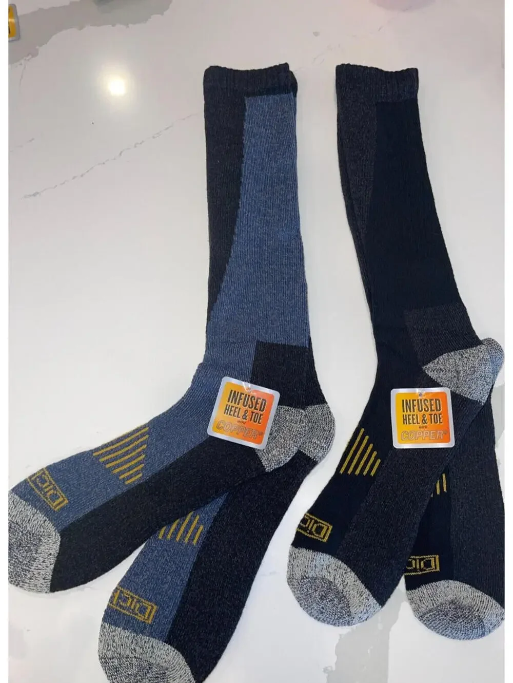 2 PAIRS DICKIES COPPER SHIN PROTECTOR BOOT LENGTH SOCKS MENS 6-12 BLUE & BLACK